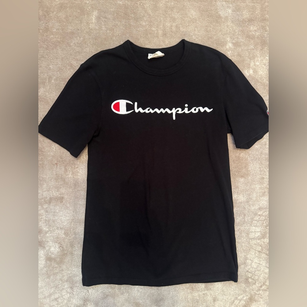 Champion Black Tee with Red and White Logo
